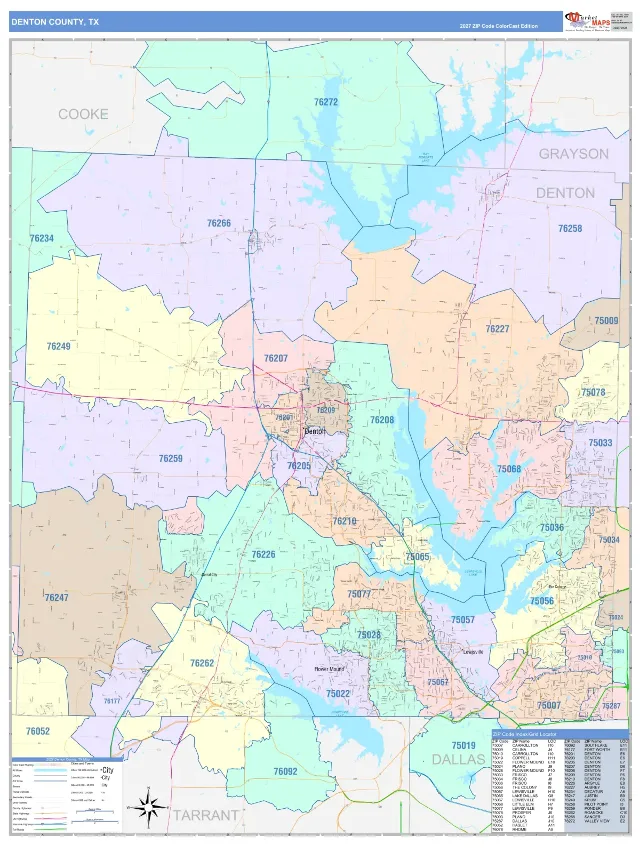 Denton County, TX ZIP Code Wall Map, ColorCast style