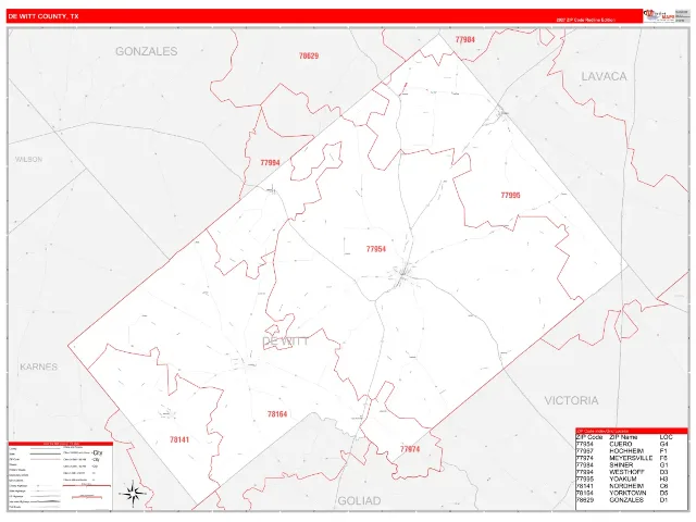 DeWitt County, TX ZIP Code Wall Map, RedLine style