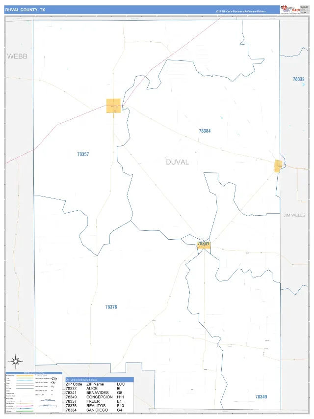Duval County, TX ZIP Code Wall Map, Business Reference style