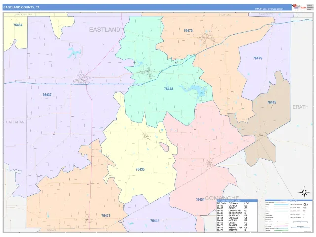 Eastland County, TX ZIP Code Wall Map, ColorCast style