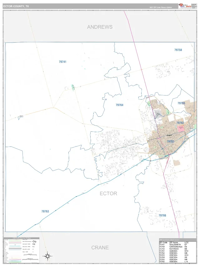 Ector County, TX ZIP Code Wall Map, Classic style