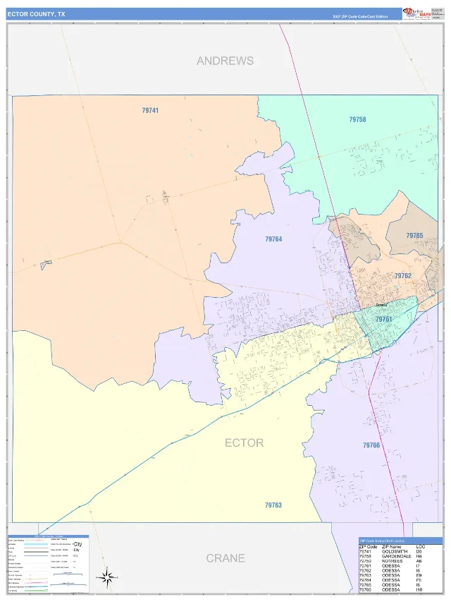 Ector County, TX ZIP Code Wall Map, ColorCast style