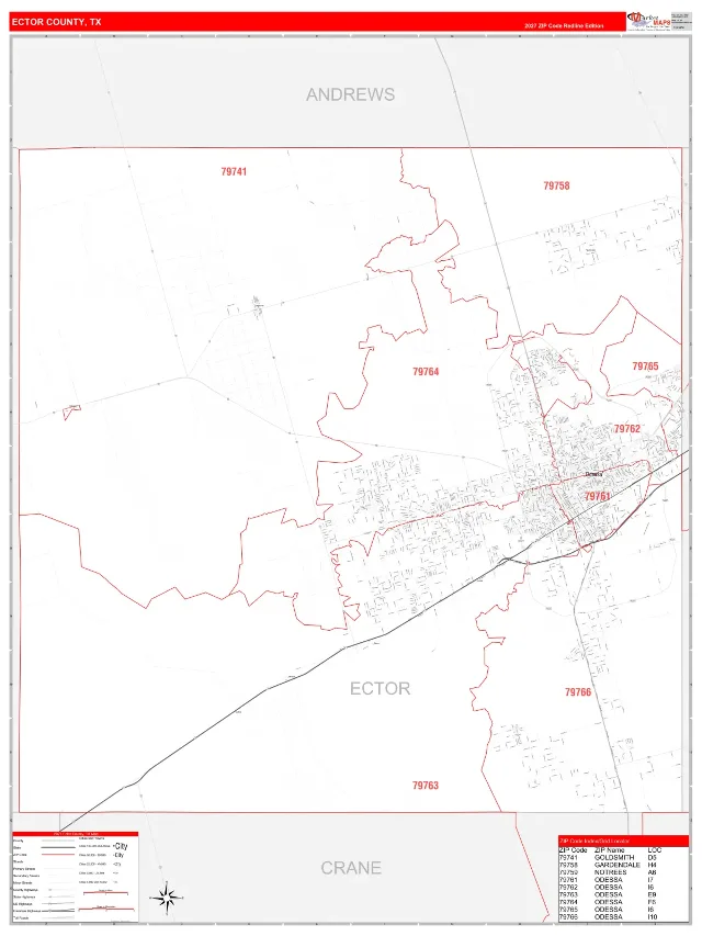 Ector County, TX ZIP Code Wall Map, RedLine style