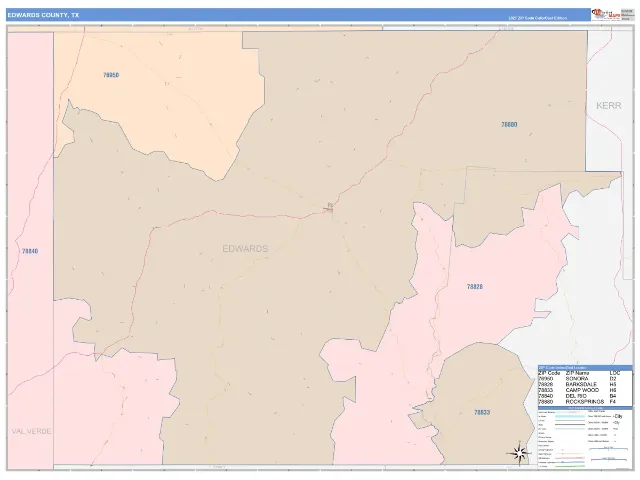 Edwards County, TX ZIP Code Wall Map, ColorCast style