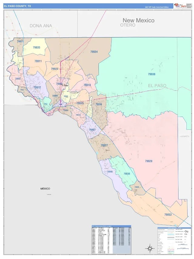 El Paso County, TX ZIP Code Wall Map, ColorCast style