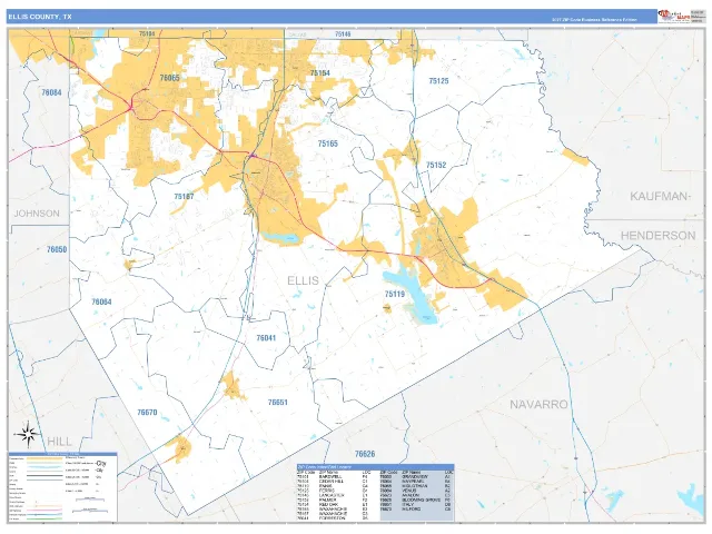 Ellis County, TX ZIP Code Wall Map, Business Reference style