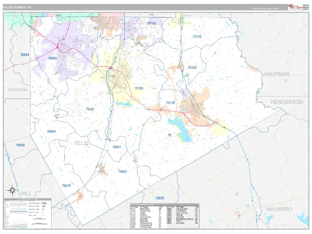 Ellis County, TX ZIP Code Wall Map, Classic style