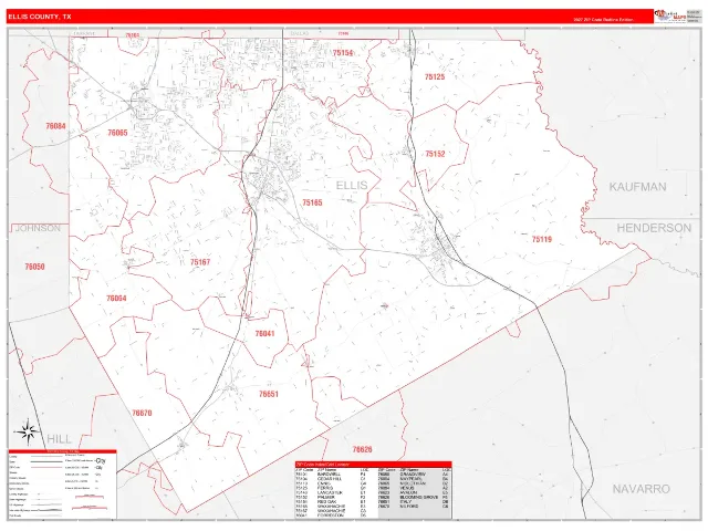 Ellis County, TX ZIP Code Wall Map, RedLine style