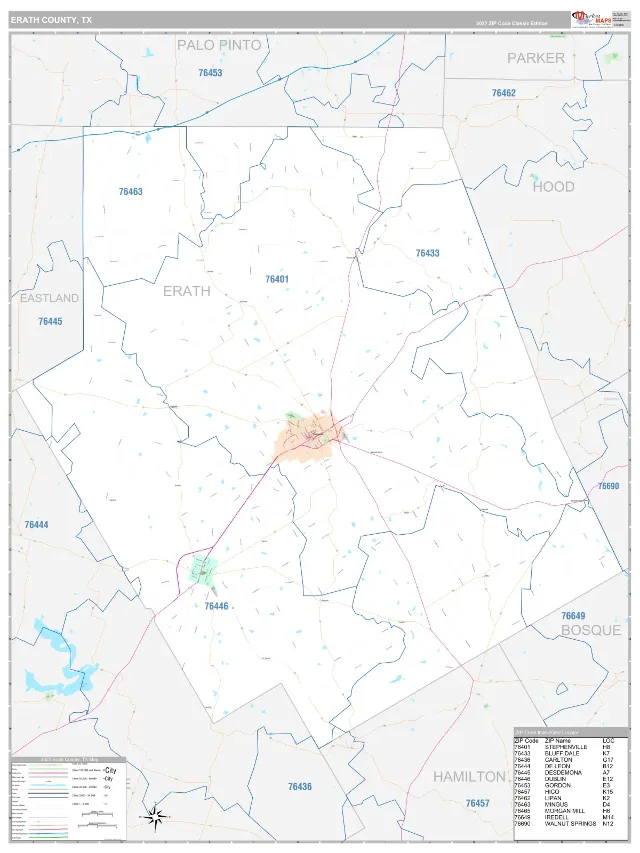 Erath County, TX ZIP Code Wall Map, Classic style