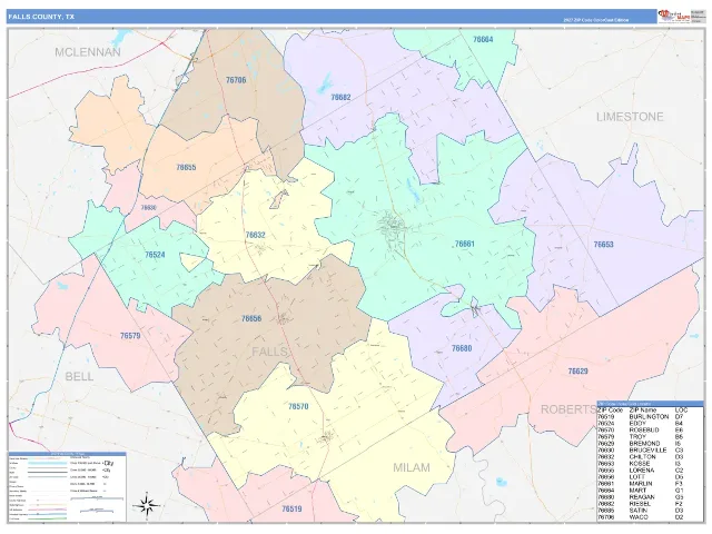 Falls County, TX ZIP Code Wall Map, ColorCast style