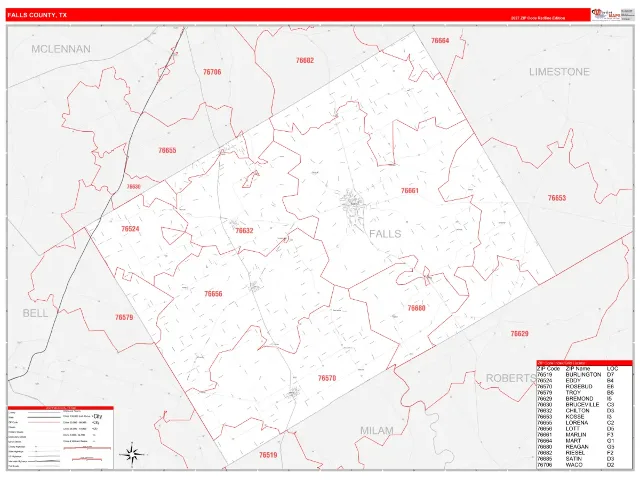 Falls County, TX ZIP Code Wall Map, RedLine style