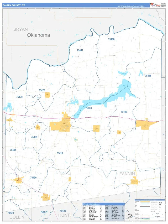 Fannin County, TX ZIP Code Wall Map, Business Reference style