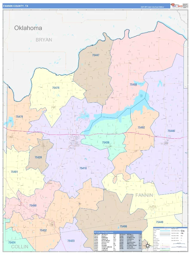 Fannin County, TX ZIP Code Wall Map, ColorCast style