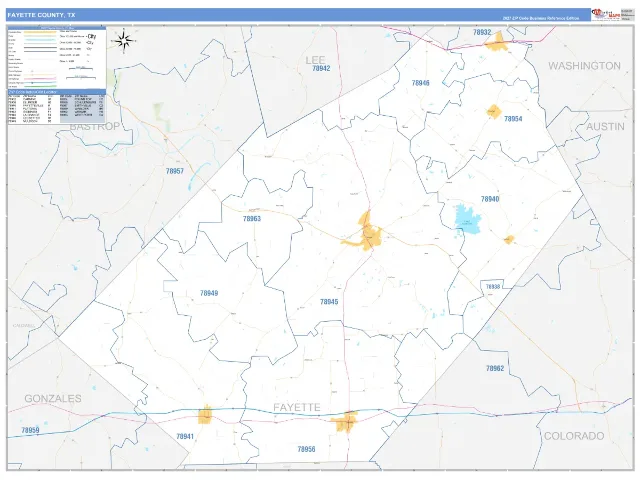 Fayette County, TX ZIP Code Wall Map, Business Reference style
