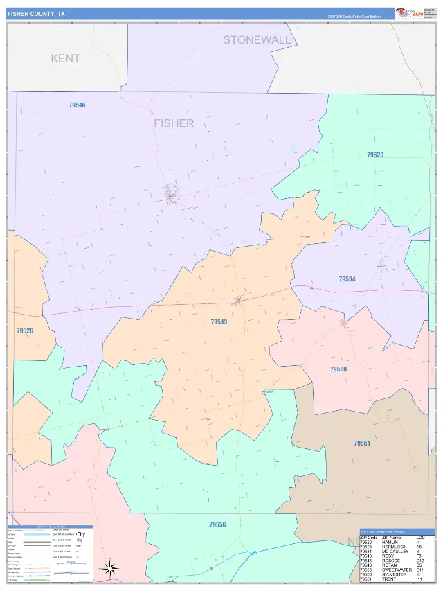 Fisher County, TX ZIP Code Wall Map, ColorCast style