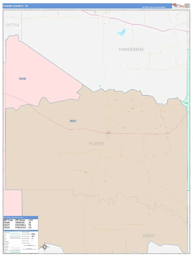 Foard County, TX ZIP Code Wall Map, ColorCast style
