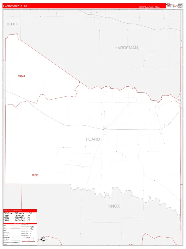 Foard County, TX ZIP Code Wall Map, RedLine style