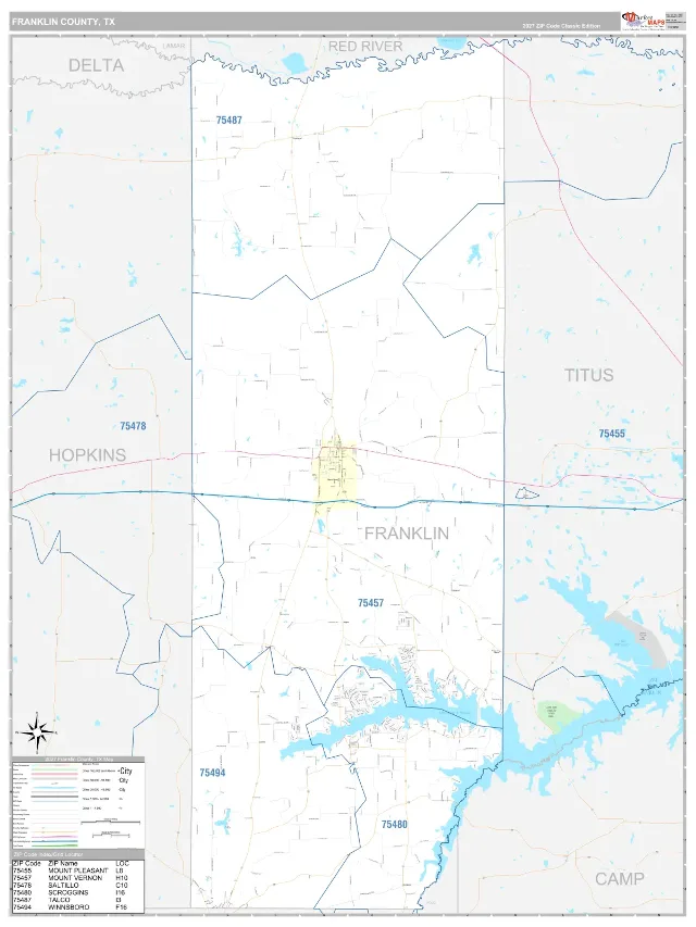 Franklin County, TX ZIP Code Wall Map, Classic style