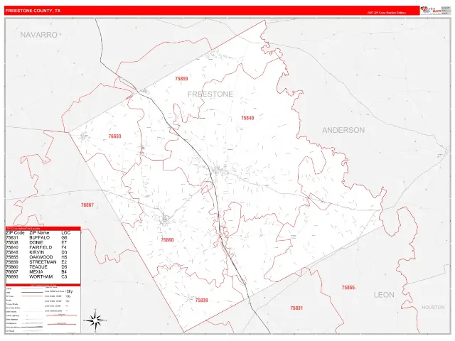 Freestone County, TX ZIP Code Wall Map, RedLine style