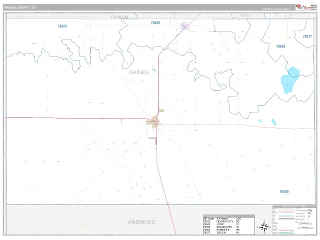 Gaines County, TX ZIP Code Wall Map, Classic style