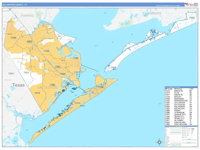 Galveston County, TX ZIP Code Wall Map, Business Reference style
