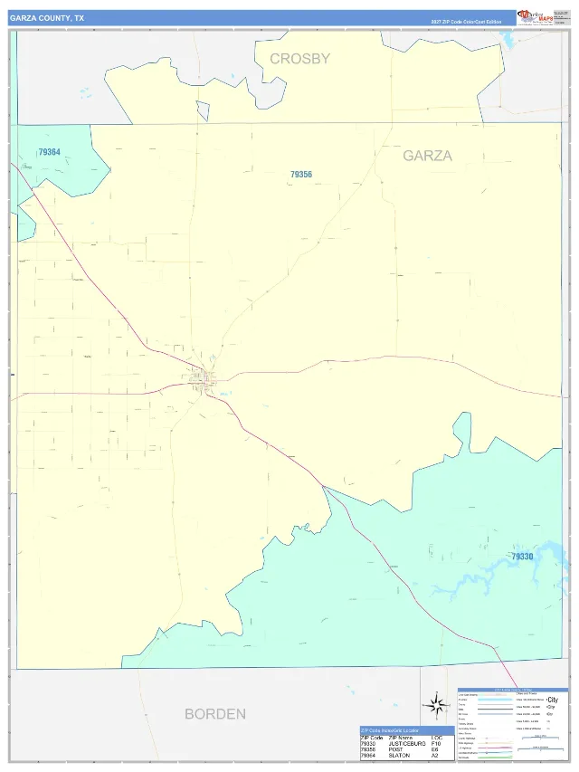 Garza County, TX ZIP Code Wall Map, ColorCast style
