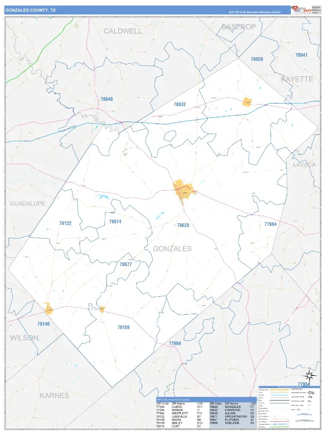 Gonzales County, TX ZIP Code Wall Map, Business Reference style