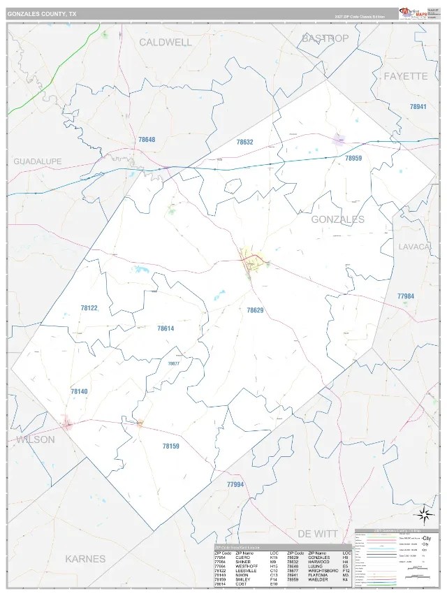 Gonzales County, TX ZIP Code Wall Map, Classic style