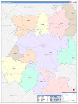 Gonzales County, TX ColorCast style ZIP Code wall map