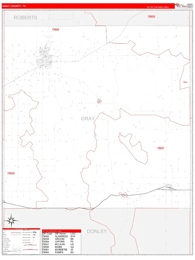 Gray County, TX ZIP Code Wall Map, RedLine style