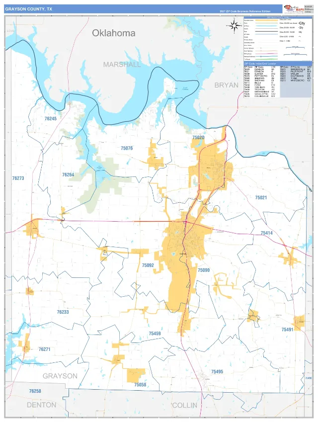 Grayson County, TX ZIP Code Wall Map, Business Reference style