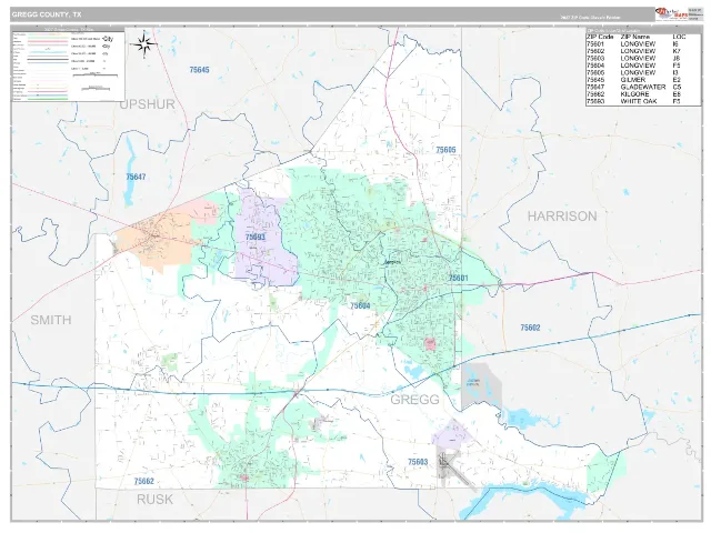 Gregg County, TX ZIP Code Wall Map, Classic style