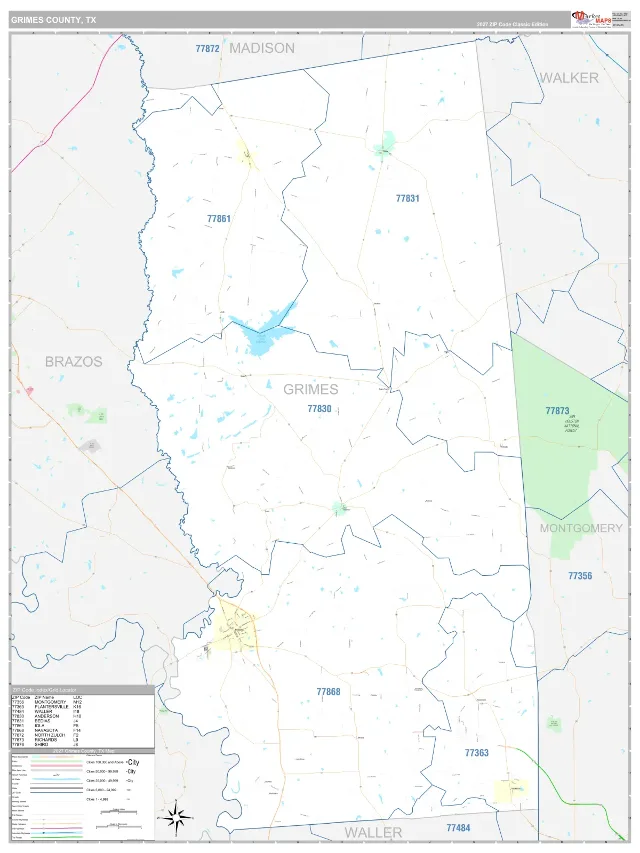 Grimes County, TX ZIP Code Wall Map, Classic style