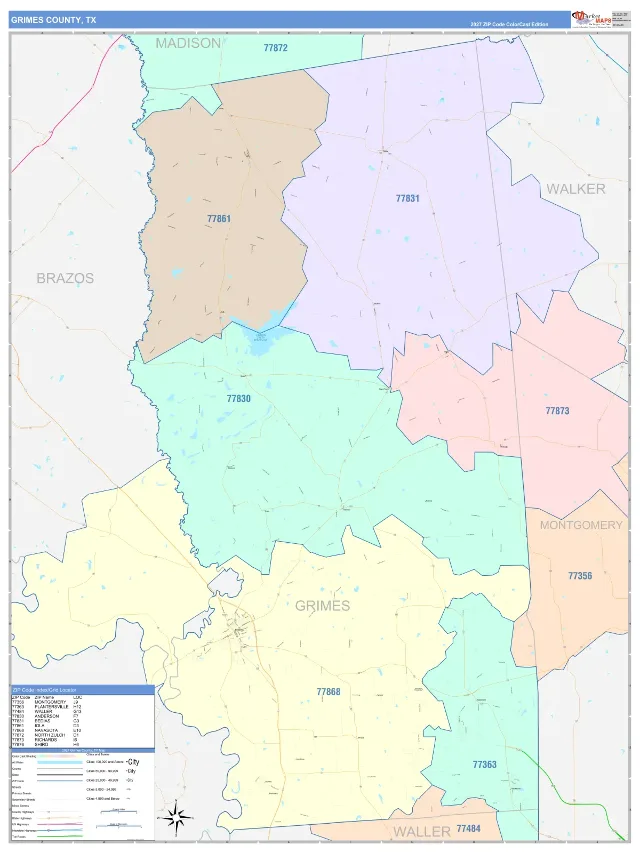Grimes County, TX ZIP Code Wall Map, ColorCast style