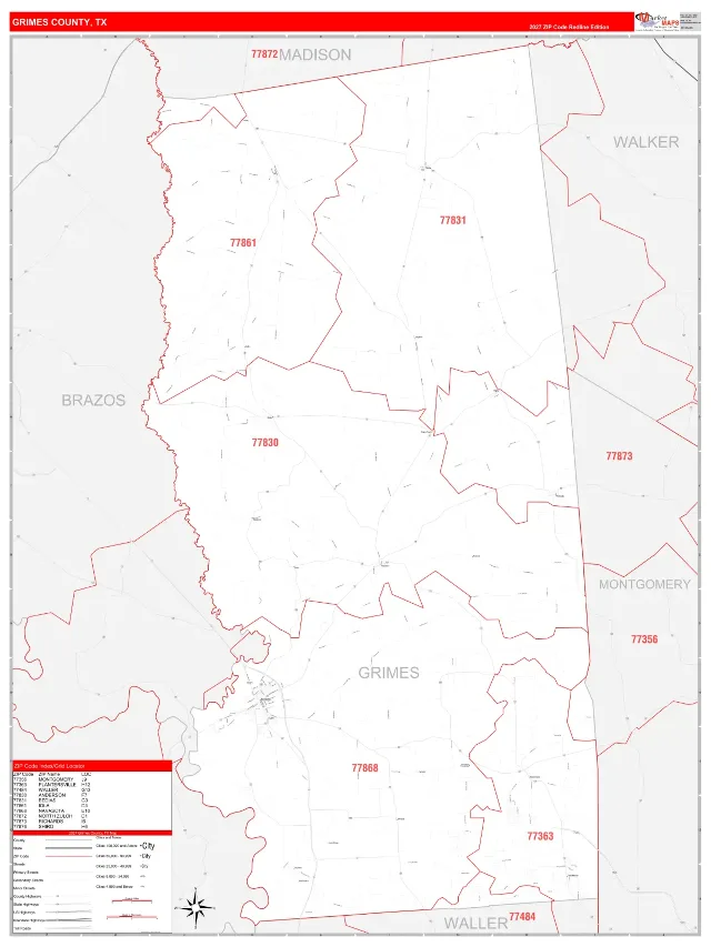 Grimes County, TX ZIP Code Wall Map, RedLine style