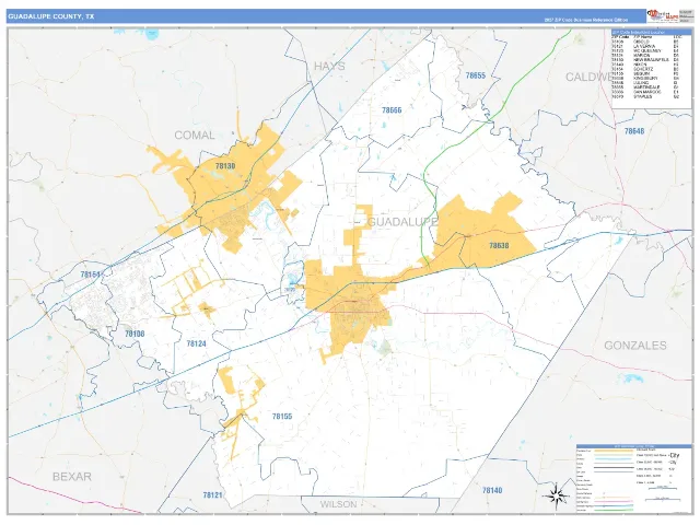 Guadalupe County, TX ZIP Code Wall Map, Business Reference style