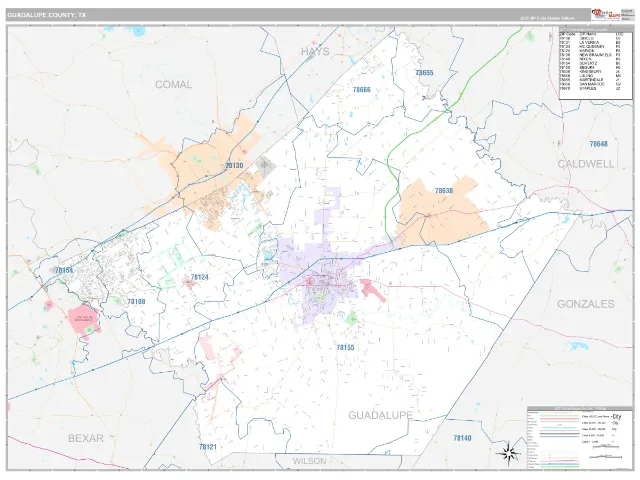 Guadalupe County, TX ZIP Code Wall Map, Classic style