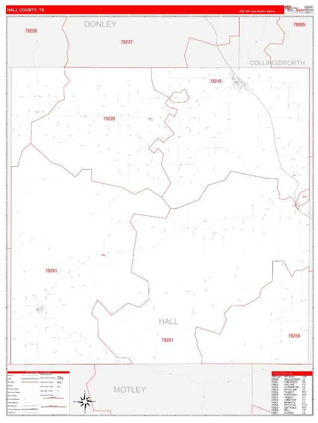 Hall County, TX ZIP Code Wall Map, RedLine style