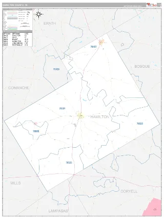 Hamilton County, TX Classic style ZIP Code wall map