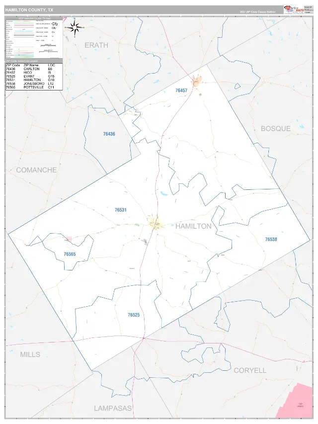 Hamilton County, TX ZIP Code Wall Map, Classic style