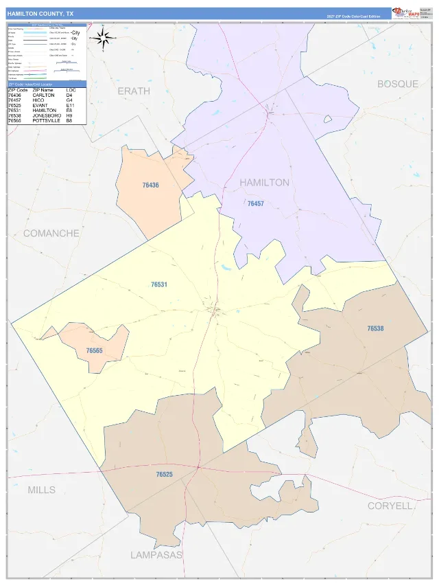 Hamilton County, TX ZIP Code Wall Map, ColorCast style