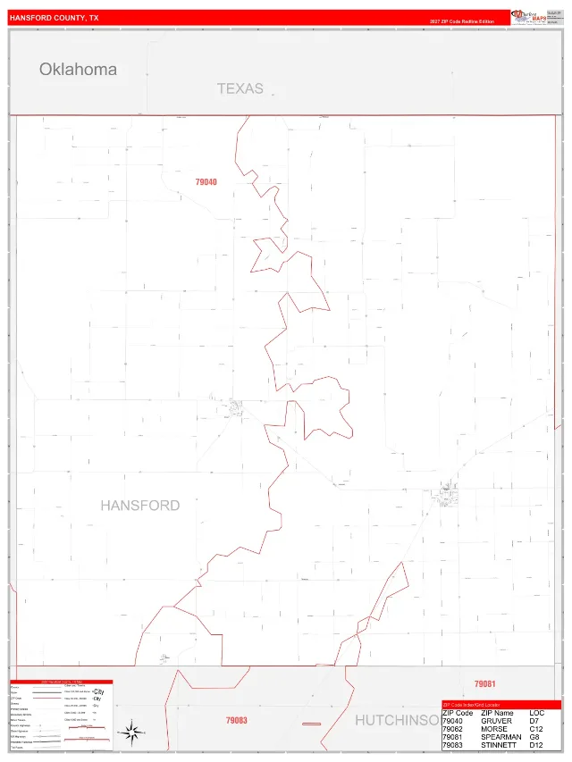 Hansford County, TX ZIP Code Wall Map, RedLine style