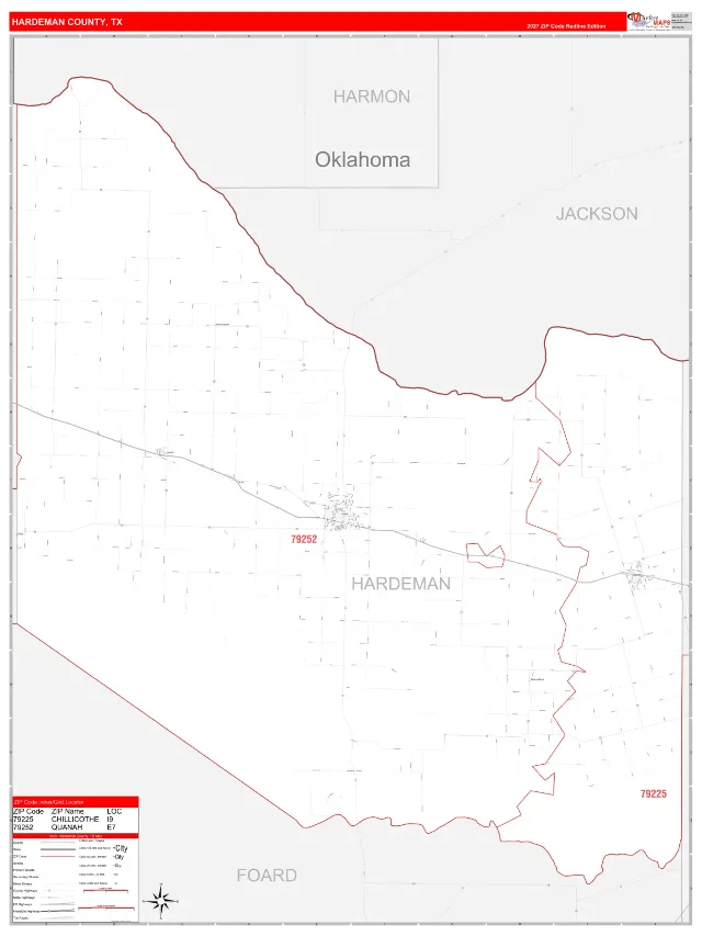 Hardeman County, TX ZIP Code Wall Map, RedLine style