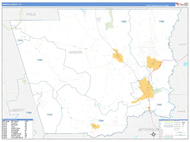 Hardin County, TX ZIP Code Wall Map, Business Reference style