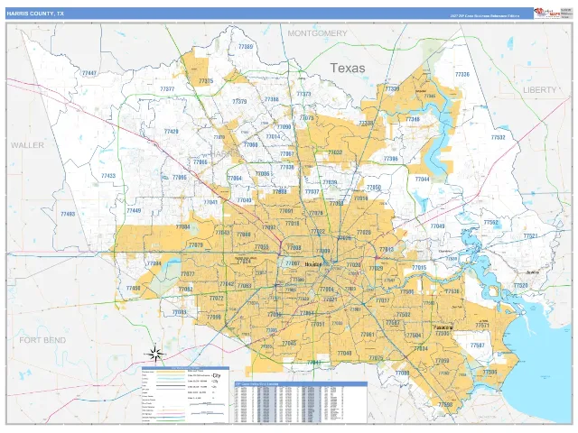 Harris County, TX ZIP Code Wall Map, Business Reference style