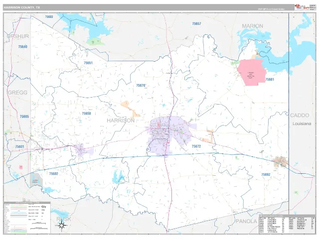 Harrison County, TX ZIP Code Wall Map, Classic style
