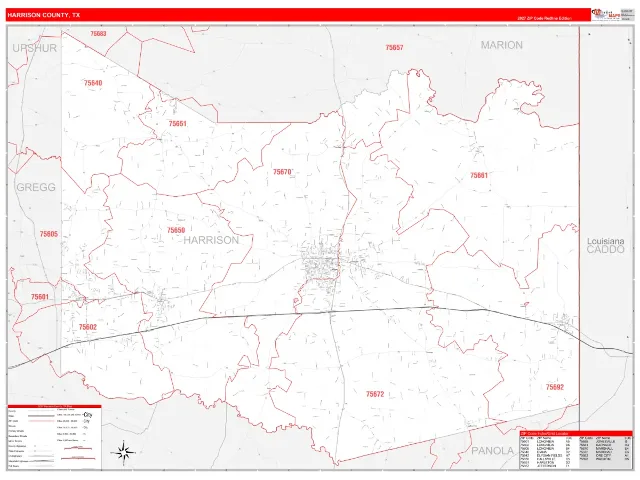 Harrison County, TX ZIP Code Wall Map, RedLine style