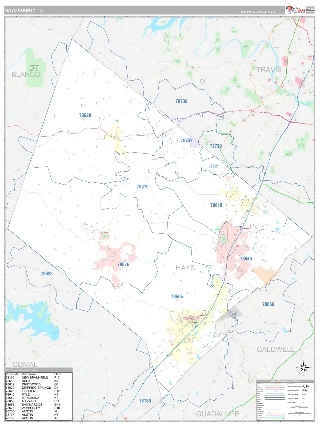Hays County, TX ZIP Code Wall Map, Classic style