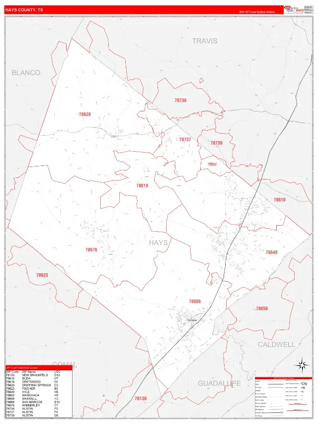 Hays County, TX ZIP Code Wall Map, RedLine style