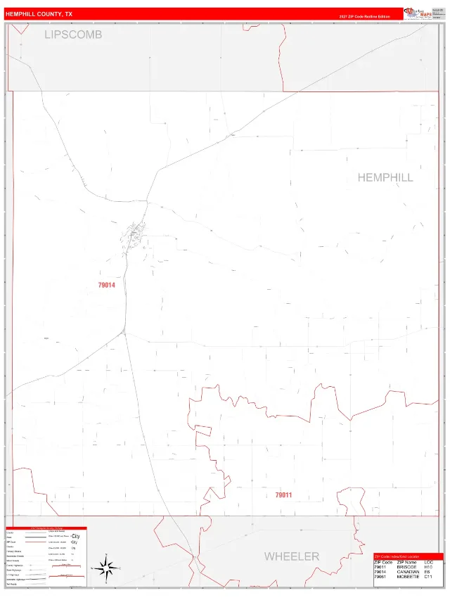Hemphill County, TX ZIP Code Wall Map, RedLine style
